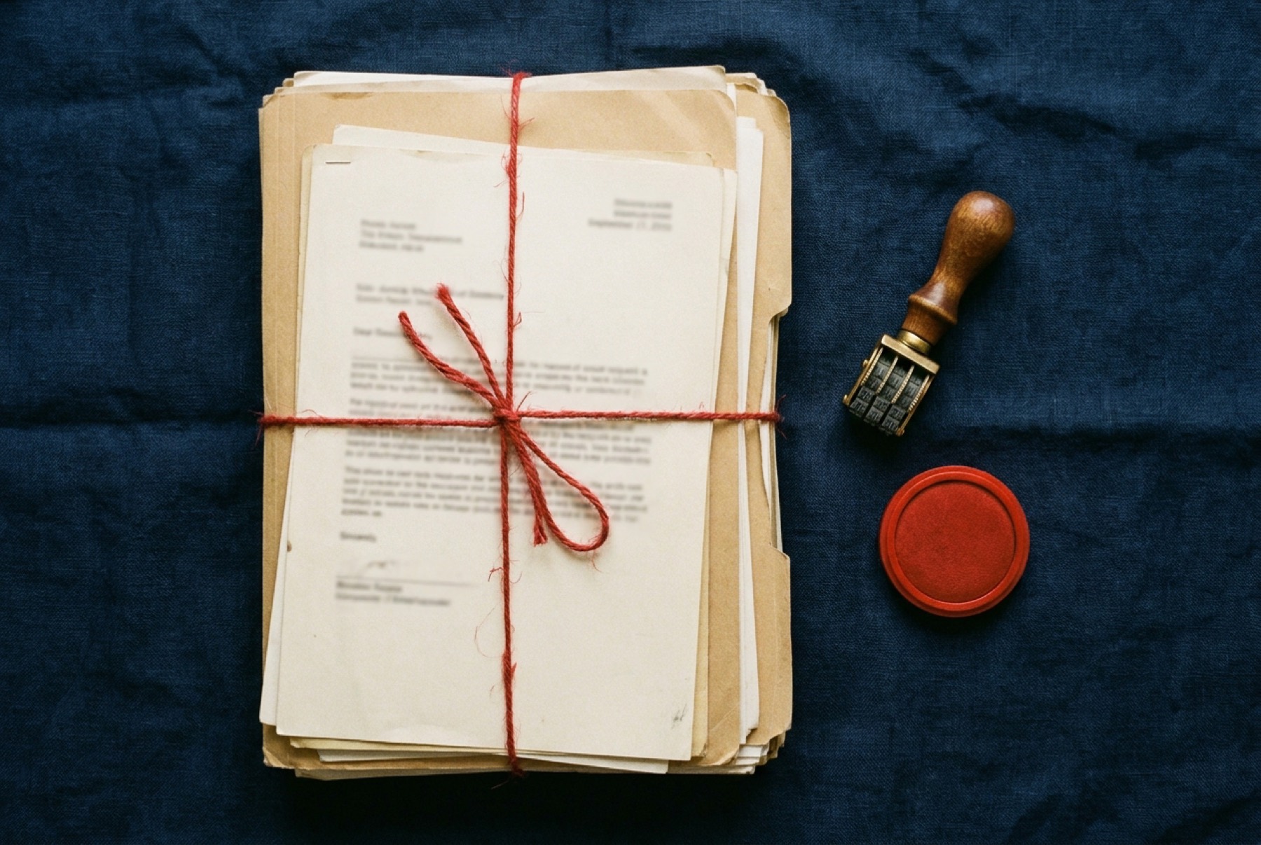 Expediente de documentos organizado y atado, listo para someter