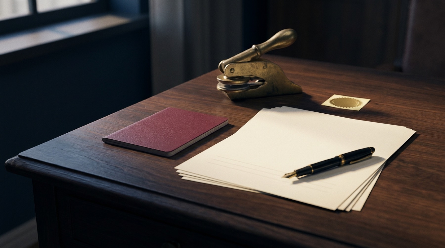 Escritorio de notaría con pasaporte, formularios y sello de relieve